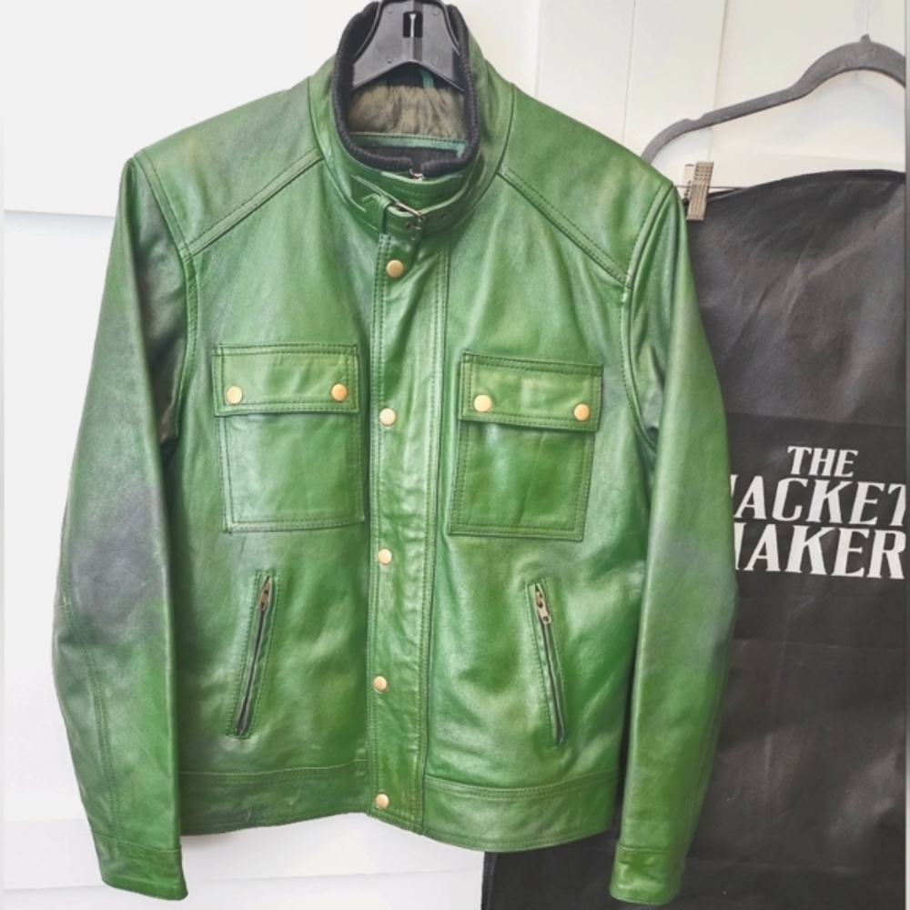 THE JACKET MAKER , MEN'S Darren Distressed Green Leather Biker Jacket